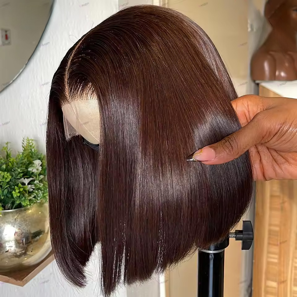 Hd Lace Frontal Wig Human Hair Pre Plucked - 13x4 Çikolata Kahverengi Düz Bob Peruk